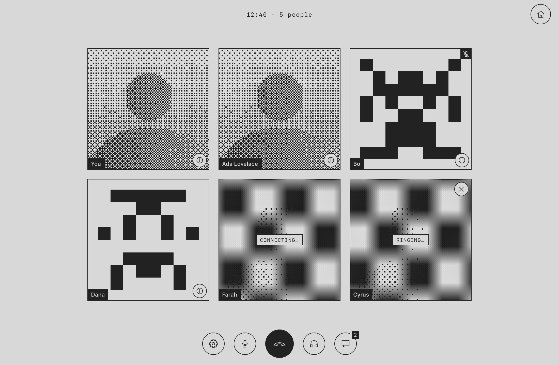 Tact-VC group call with six tiles: You, Ada Lovelace, Bo (muted) and Dana are connected, Farah is connecting, Cyrus is ringing. Controls at the bottom: settings, microphone, hang up, headphones, chat.
