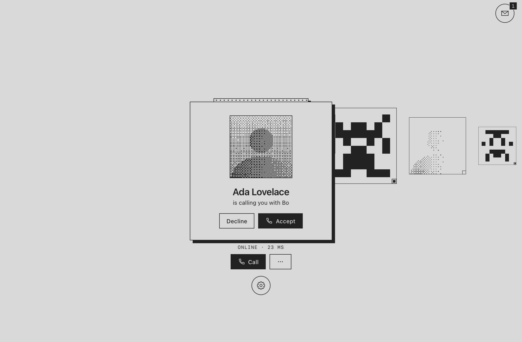 Tact-VC home screen: Ada Lovelace's card shows an incoming call from Ada with Bo, with Decline and Accept buttons. Other friends are lined up to the right as pixel pictures.