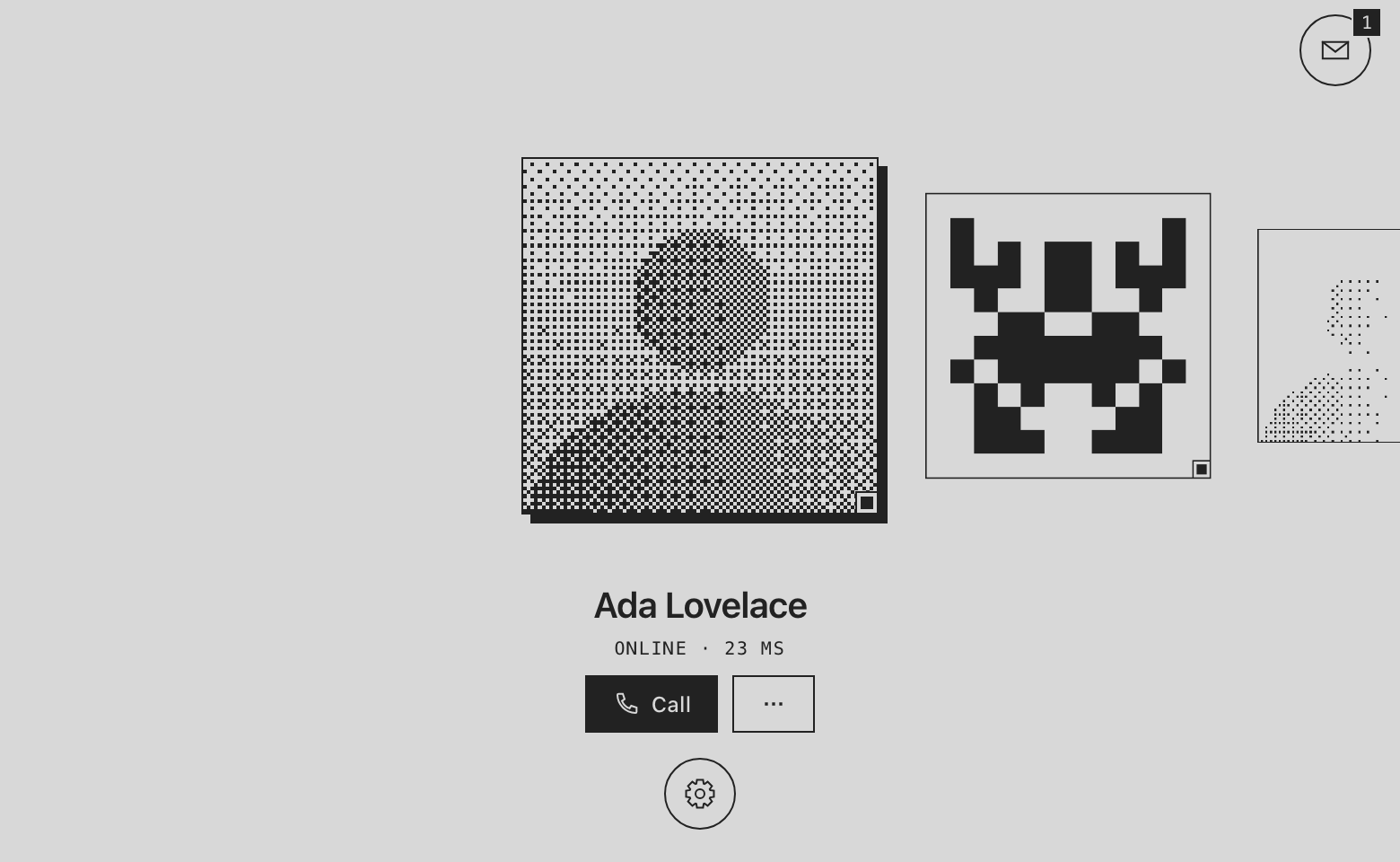 Tact main screen: Ada is online, 23 ms, with a Call button